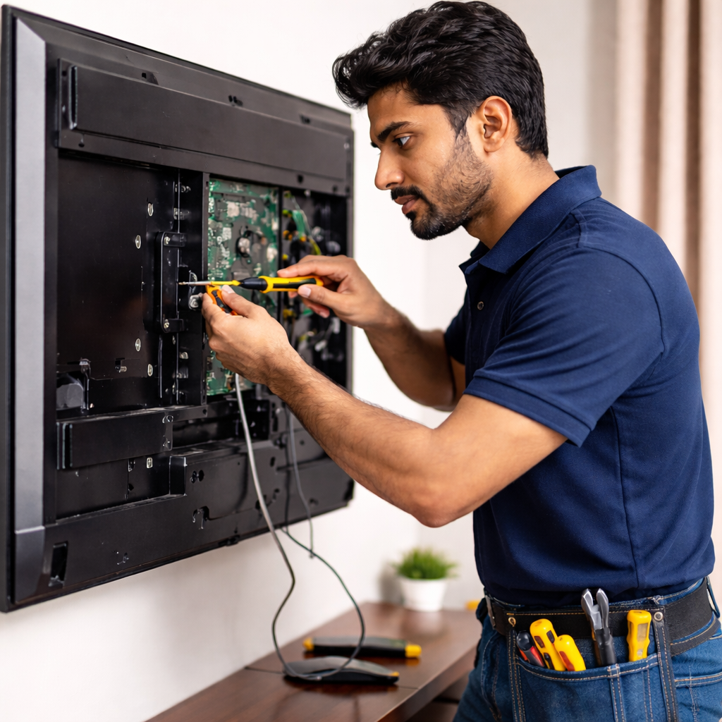 About Best TV Repair Service Center - technician inspecting television components
